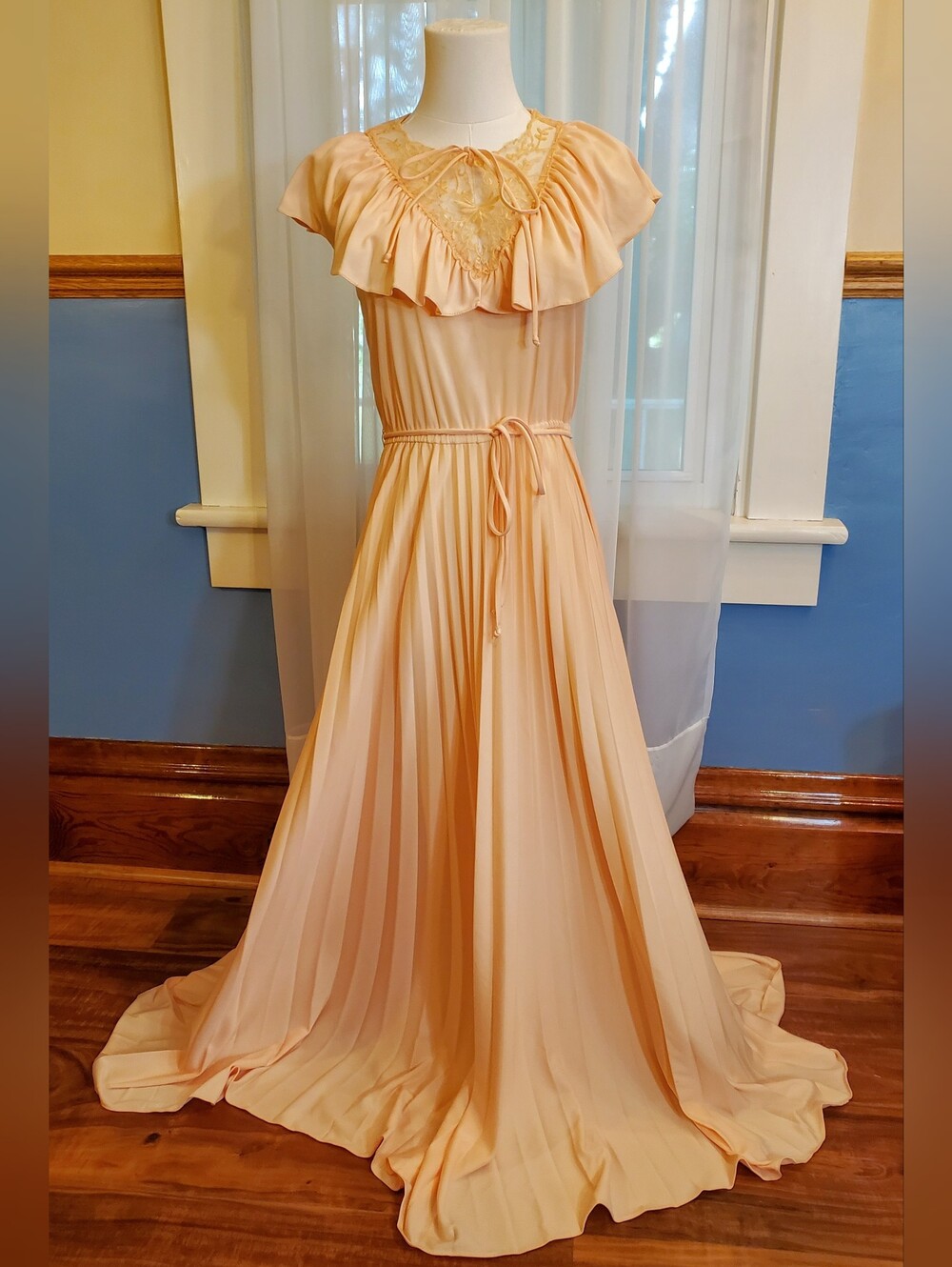 Vintage Romantic Peach Flutter Sleeve Ruffle & Lace Pleated Maxi Dress 70s